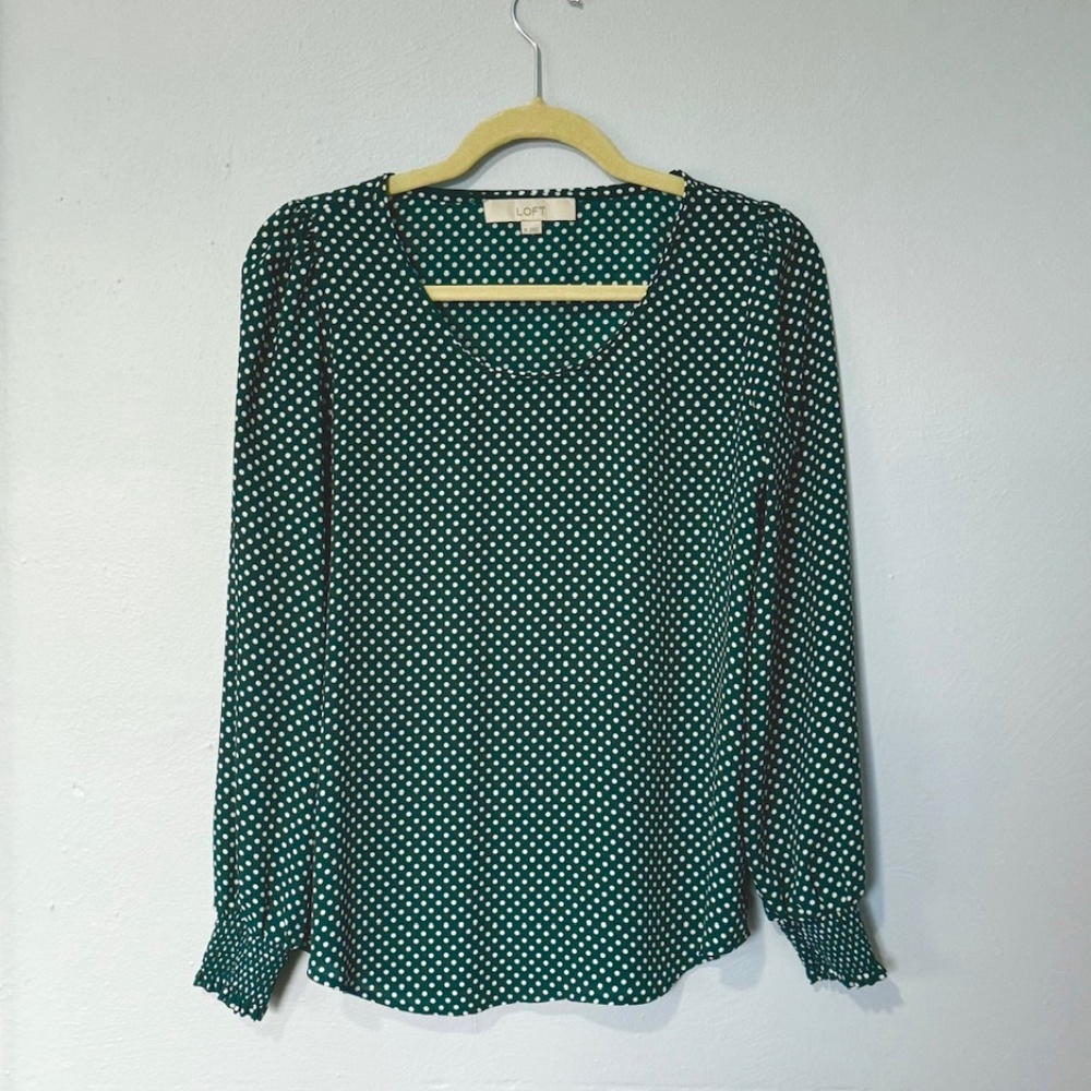 LOFT Green Polka Dot Long Sleeve Blouse